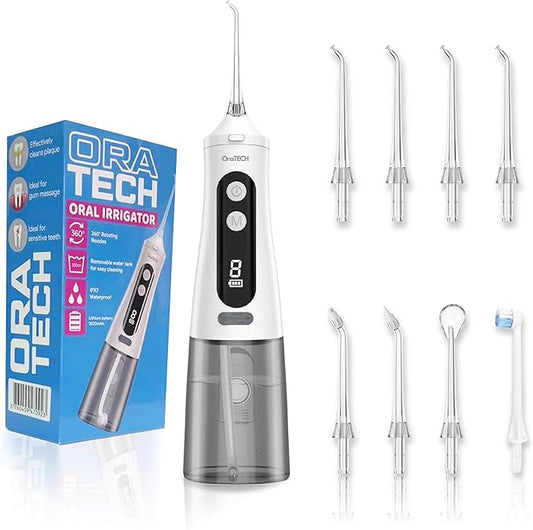 OraTECH Water Dental Flosser, Portable Cordless Oral Irrigator 350ML Rechargeable Travel IPX7 Waterproof Electric Flossing for Teeth Cleaning (White)