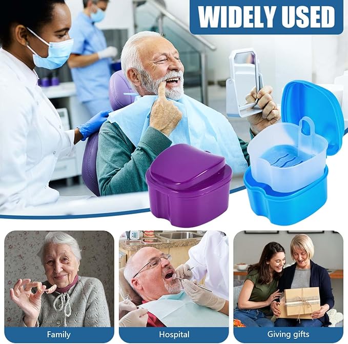 2 Pack Colors Denture Bath Case Cup Box Holder Storage Soak Container with Strainer Basket for Travel Cleaning (Light Blue and Purple)