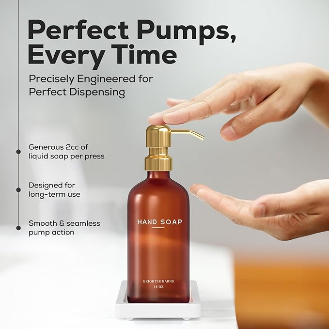 Luxury Glass Hand and Dish Soap Dispenser Set with Tray by Brighter Barns - Kitchen Soap Dispenser with Tray and Pump for Kitchen Sink - Luxury Home Decor for Airbnb, Restaurant, Hotel (Amber/Gold)