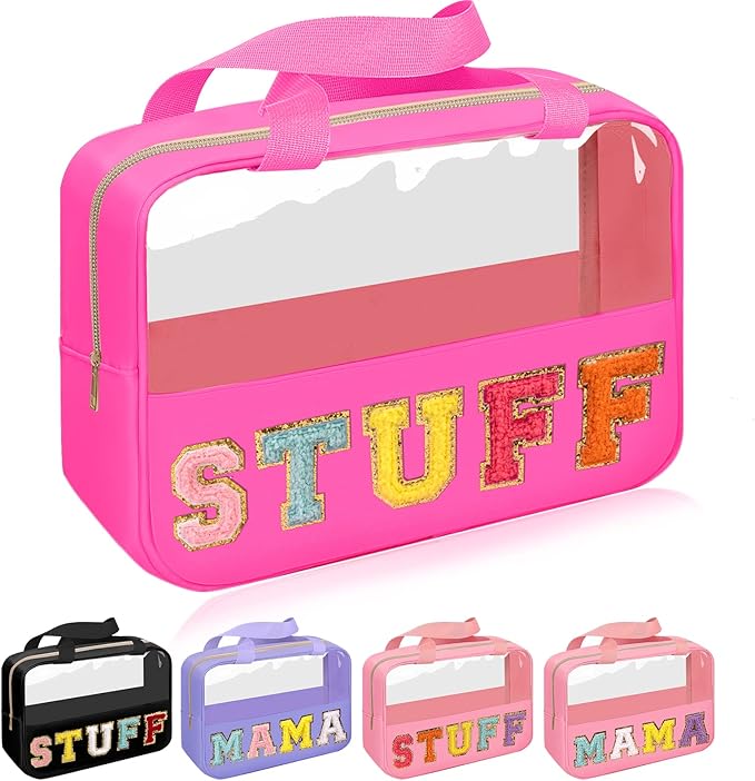 Chenille Letter Patch Stuff Bag, Preppy Clear Makeup Cosmetic Bag Large Toiletry Storage Tote Bag with Handle, Transparent Nylon Waterproof Organizer Zipper Pouch for Travel Women Girls(Rosered)