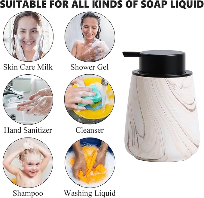 12Oz Foam Hand Soap Dispenser - Modern Ceramic Foaming Soap Dispenser with Easy-to-Press Pump, Reusable and Refillable Liquid Dish Soap Dispensers for Bathroom & Kitchen, Marble Brown