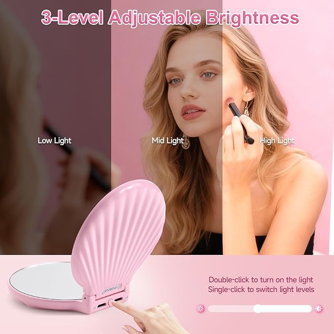 Compact Makeup Mirror with Lights - 3.5" Portable, 2-Sided, Lightweight & Shatterproof, Folding Magnifying Mirror 2X/10X, for Women