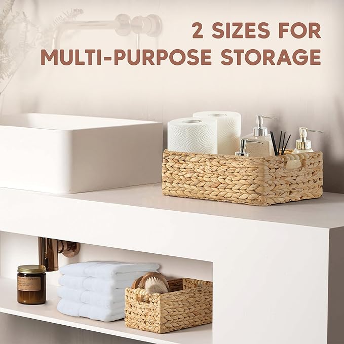 Greenatural Water Hyacinth Storage Baskets Set of 2, Handwoven Rectangular Organizer Trays with Wooden Bead Handles, Nested Wicker Bins for Shelf, Bathroom, Kitchen, Office, Natural Decor