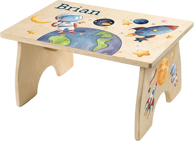 Step Stool for Toddlers- Personalized Wood Kids Step Stool with Name for Kitchen Sink, Bathroom, Potty Training, Toilet, Kitchen Sink- Sturdy and Safe- Made in USA by BloomOwl (Astronaut)
