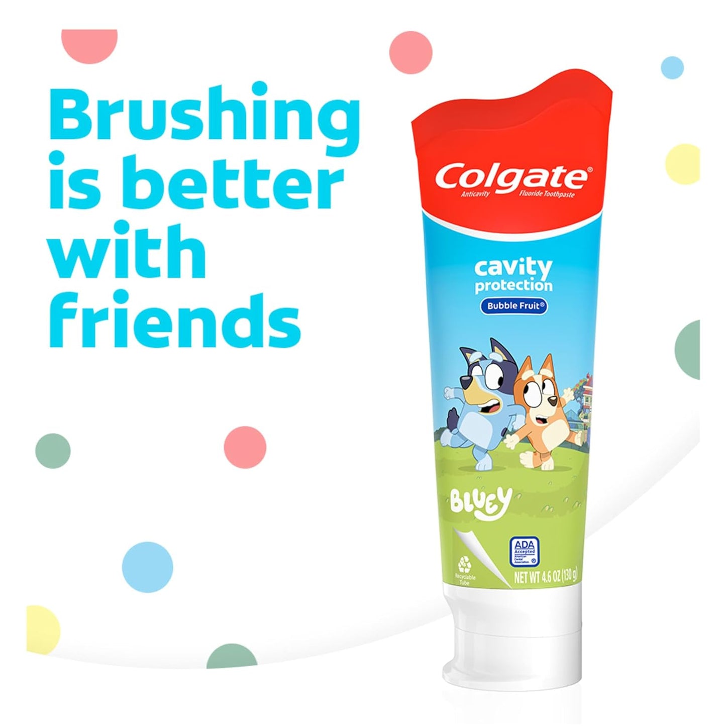 Colgate Kids Bluey Toothpaste with Fluoride for Cavity Protection, Ages 2+, ADA Accepted, Sugar Free and Gluten Free, Bubble Fruit Flavor, 4 Pack, 4.6 Oz Tubes