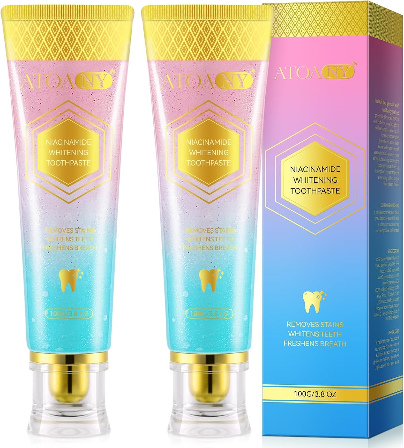 Niacinamide Whitening Toothpaste, 2 Pack Intensive Stain Removal Toothpaste for Yellow Teeth, Gum Care, Fresh Mint & Peach Breath, Tartar Control, Deep Clean for Men and Women, 3.5oz