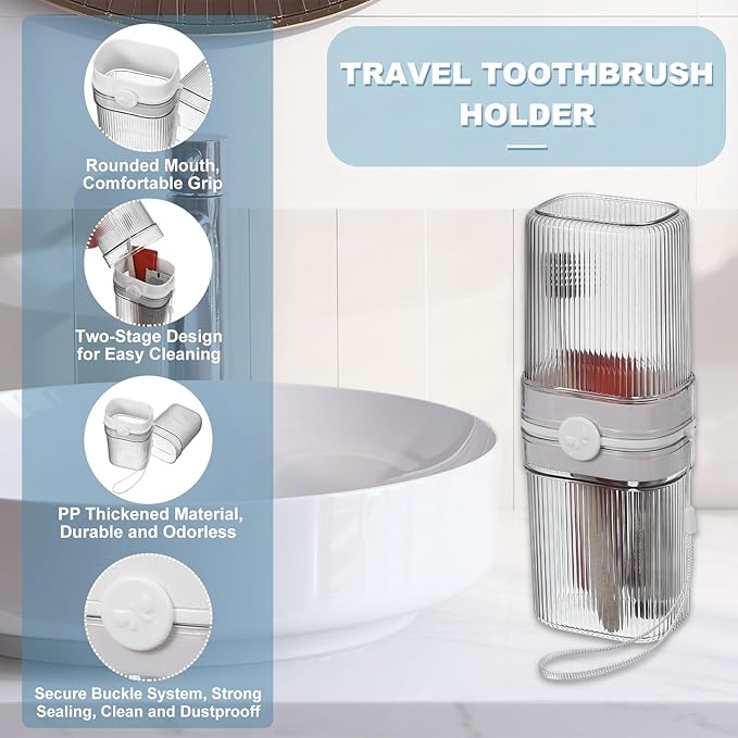uxcell Travel Toothbrush Case Set, Leakproof Soap Holder with Lid and Portable Travel Toothbrush Holder for Bathroom, Gym, Business Trip, Camping (Light Grey)