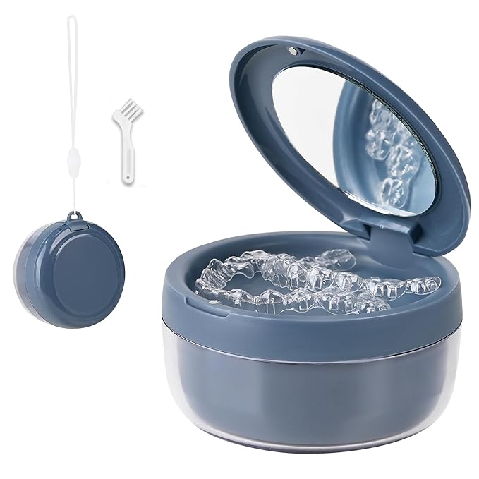 Denture Case, Leak Proof Denture Bath Cup, Denture Soaking Container Cups for Dentures, Retainers, Mouth Guard Storage Case, Full & Partial Denture Cleaning Holder Box with Strainer, Blue