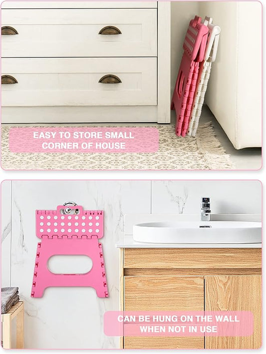 Dyforce Folding Step Stool 11", Durable Kids Step Stool, Heavy Duty Step Stools for Adults, Compact Foot Stools, Light-Weight Toddler Step Stools for Kitchen, Bathroom, Holds Up to 300 lbs (Pink)