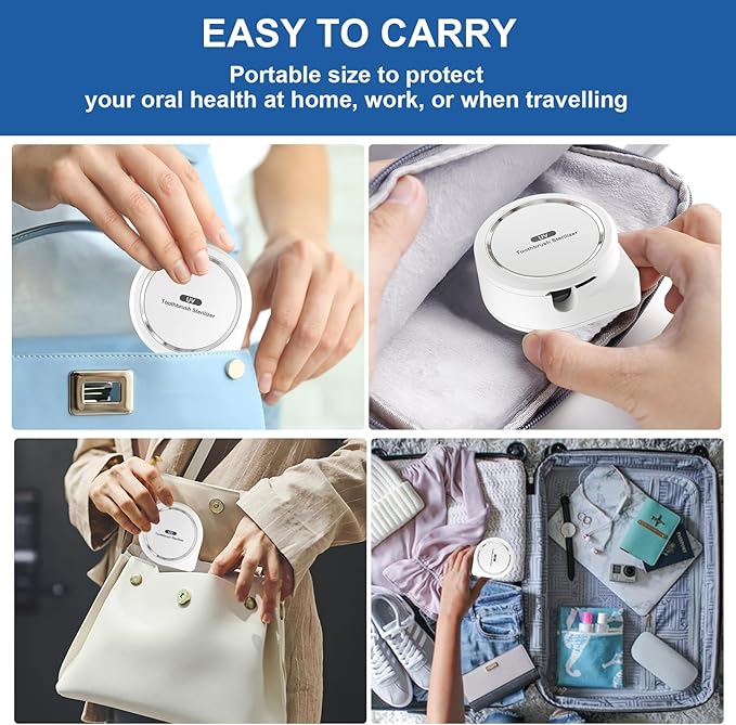 UV Toothbrush Sanitizer Holder, Toothbrush Sanitizer and Holder Cover Caps with Fan Drying, Rechargeable Portable Toothbrush Cleaner Case Fits Most Electric and Manual Toothbrushes (White)