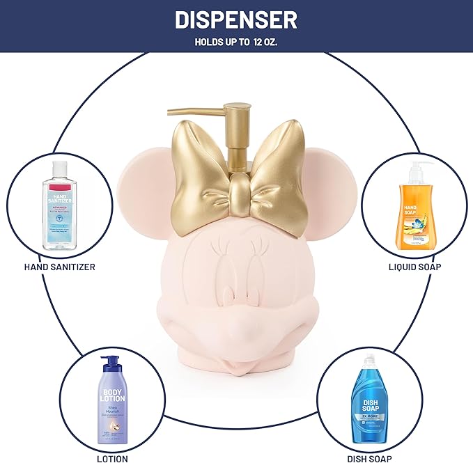 Jay Franco Disney Minnie Mouse Organizer Set - 4 Piece Pink Accessories Includes Resin Soap Dispenser, Soap Dish, Toothbrush Holder and Tumbler - Bathroom Décor