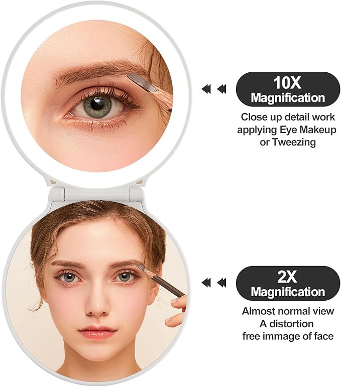 Compact Makeup Mirror with Lights - 3.5" Portable, 2-Sided, Lightweight & Shatterproof, Folding Magnifying Mirror 2X/10X, for Women