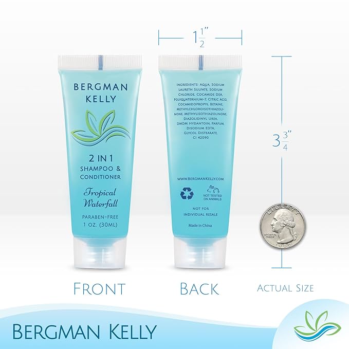 Bergman Kelly - Travel Size 2 in 1 Shampoo & Conditioner - 1 fl oz, 18000 PK, Tropical Waterfall - Delight Your Guests w/Invigorating & Refreshing Shampoo Amenities - Small Hotel Toiletries in Bulk