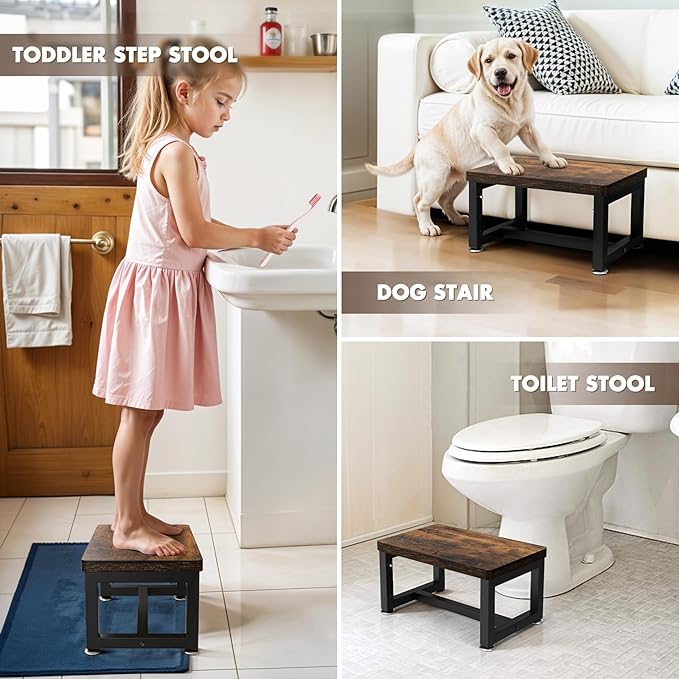 Step Stool, NomNest Height-Adjustable Wooden Step Ladder Metal Foot Stool Small Kitchen Stool Helper for Toddler Adults, Ladder Chair for Home Bedside Bathroom Sink Potty-Black