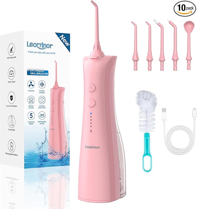 Leominor Water Dental Flosser - 5 Modes Cordless Portable Oral Irrigator, IPX7 Waterproof, Rechargeable Teeth Cleaner Upgrade Datchable Tank Professional Flossing Cleaning Pick for Home Travel (Pink)
