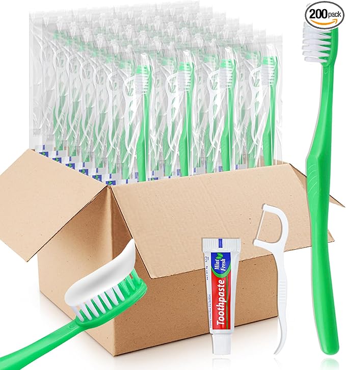 Disposable Toothbrushes with Toothpaste and Floss,200Pcs Green Single Use Individually Wrapped Disposable Travel Toothbrushes and Dental Floss Kit Bulk for Homeless,Airbnb,Hotel,Dentist