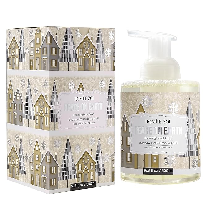 ROMIIE ZOI Christmas Foaming Hand Soap with Gift Box- Peace of Earth Design, Cozy Cypress Scented - Holiday Bathroom Soap for Winter Home Decor, Stocking Stuffer, and Gift – 500ml / 16.8oz