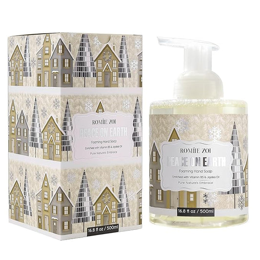 ROMIIE ZOI Christmas Foaming Hand Soap with Gift Box- Peace of Earth Design, Cozy Cypress Scented - Holiday Bathroom Soap for Winter Home Decor, Stocking Stuffer, and Gift – 500ml / 16.8oz