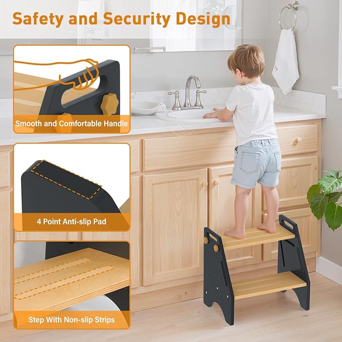 Toddler Step Stool, Wooden Height-Adjustable 2 Step Stool for Kids, 2 in 1 Potty Training Stool with Safety Handles Non-Slip Pads for Bathroom Sink, Kitchen, Bedroom (Grey)