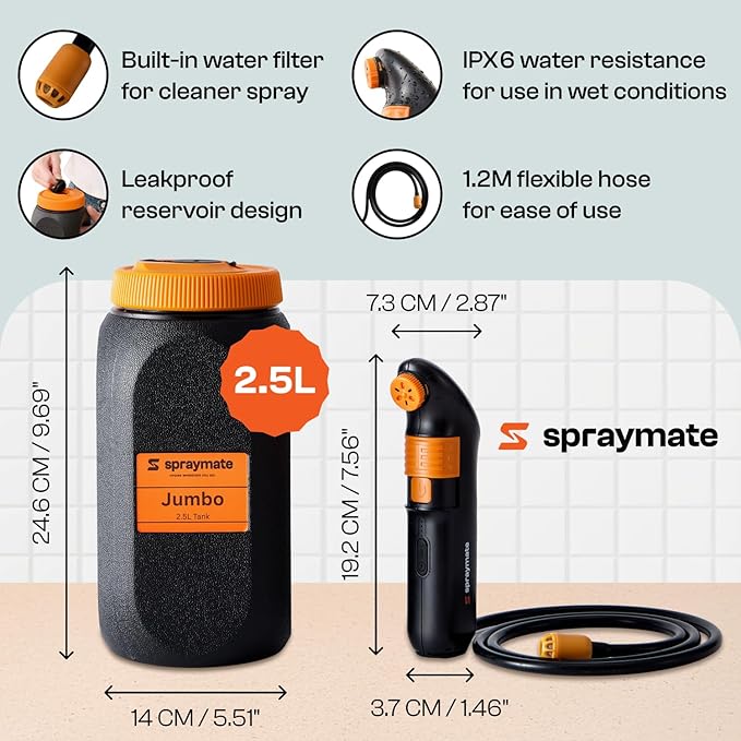 Portable Bidet for Travel – Electric High Pressure Rechargeable Bidet for Women & Men | 2.5L Bottle | 1300ML/Min Flow | USB-C | 1600mAh Battery | USA Brand – Spray Mate Jumbo