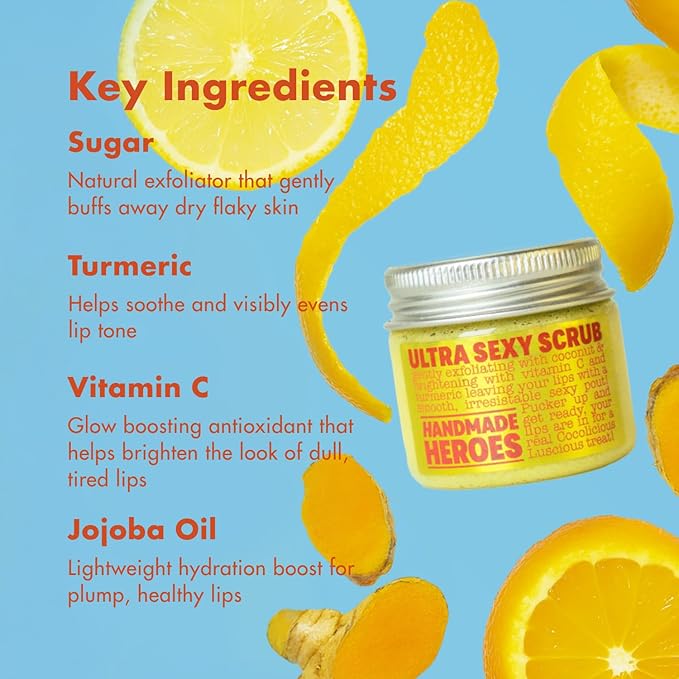 Handmade Heroes Turmeric Lip Scrub with Vitamin C – 100% Natural Vegan Exfoliant for Dark Dry Chapped Lips – Deep Conditioning Sugar Polish 1oz