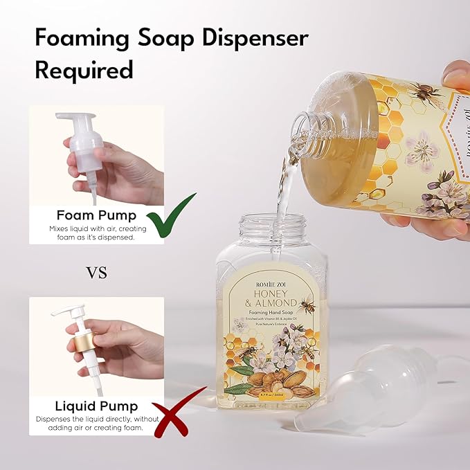 ROMIIE ZOI Foaming Hand Soap Refill- Natural Honey & Almond Fragrance Gentle & Moisturizing Formula Hand Soap Refills with Dispenser for Home & Kitchen, 1 L/ 33.8 FL OZ pack of 3