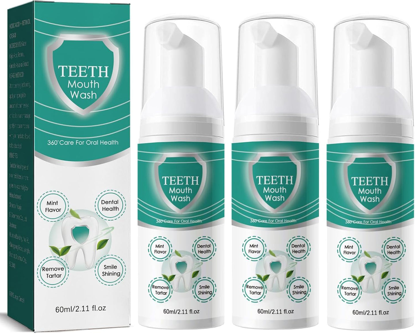 Teeth Total Care Mouthwash, Ultra-Fine Herbal Foam, Mint Taste, Repairs Sensitive Teeth, Refreshes Breath, Cleans Deeply, Solves Oral Problems (3pc)