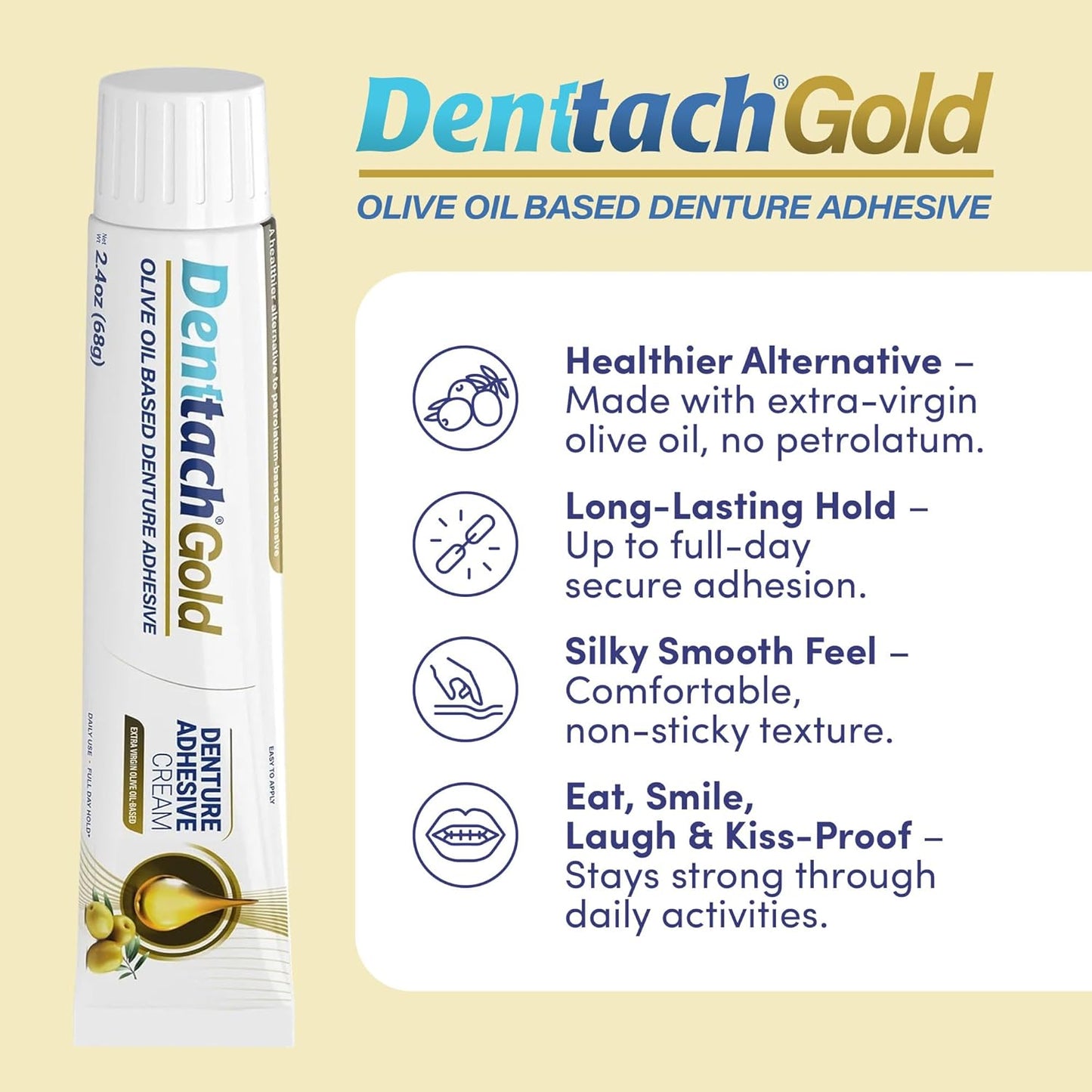 Denttach Gold Denture Adhesive, Petroleum Free Olive Oil Based Premium Denture Adhesive Cream for Full and Partial Dentures, All Day Secure Hold Denture Glue, Zinc Free, 2.4 Ounce