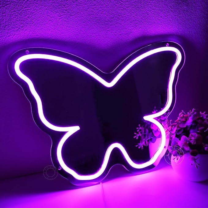 SYLHOME Butterfly Mirror Led Neon Light Sign Home Girls Bedroom Makeup Room Beauty Salon Studio Bar Wall Sign Decor Birthday Wedding Party Decoration 15.75" X 11.42" USB