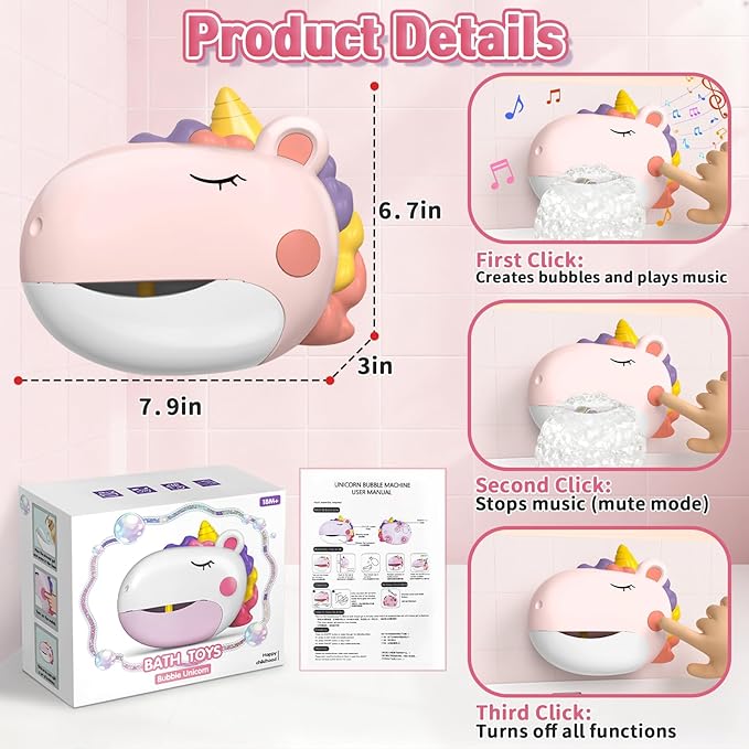 Baby Bath Toys, Unicorn Bath Bubble Machine Toddler Bath Toys for Kids Ages 1-3 4-8, Interactive Bathtub Shower Water Toys Bubble Maker with Music Christmas Birthday Gifts for Boys Girls