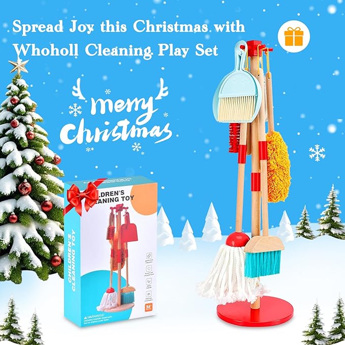 WHOHOLL Wooden Kids Cleaning Toy Set Toddler Broom and Dustpan Set for Housekeeping 9 Pcs Broom and Mop Set for Toddlers 3-5, Baby Cleaning Toys with Sponge, Christmas Birthday Gifts for Boys Girls