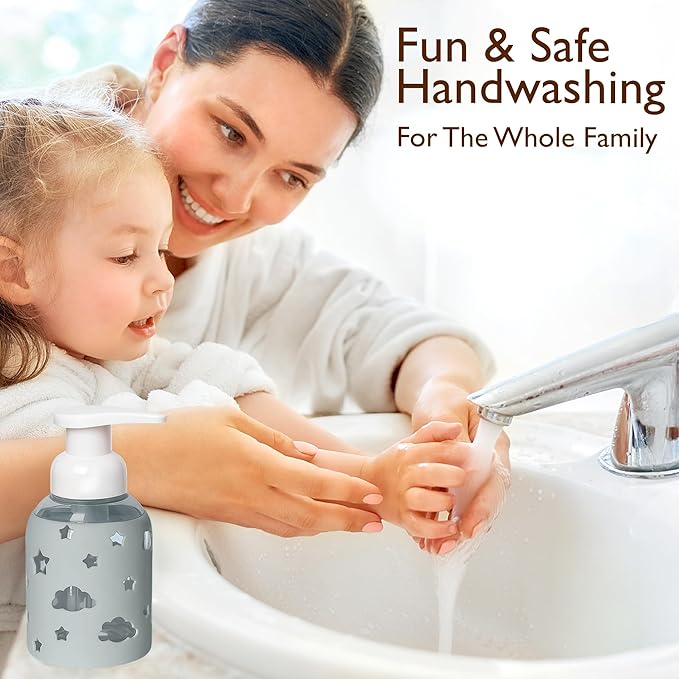 SoCal Suds & Company Glass Foaming Hand Soap Dispenser, Soft Grip Silicone Sleeve, Refillable Pump Bottle for Kids, Baby Wash & Shampoo, Ideal for Home Use, Light Grey 8oz