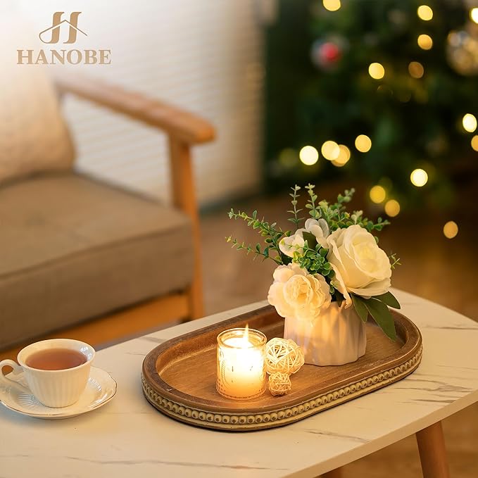 Hanobe Decorative Serving Tray Wood: Brown Bead Oval for Coffee Table Rustic Wooden Trays Decor Farmhouse Kitchen Counter Vintage Centerpiece Living Room Home Organizer, 15.15''x9.25''x1.18''