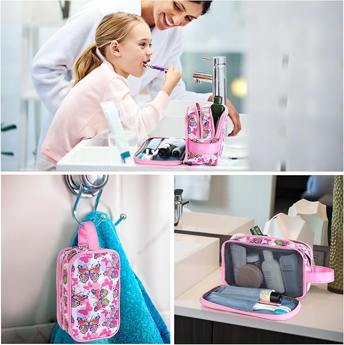 Kids Toiletry Bag for Girls, Travel Toiletry Bag for Little Young Girls Cosmetic Bag Makeup Bag Waterproof Hanging Wash Bag Toddler Toiletries, Butterfly Pink