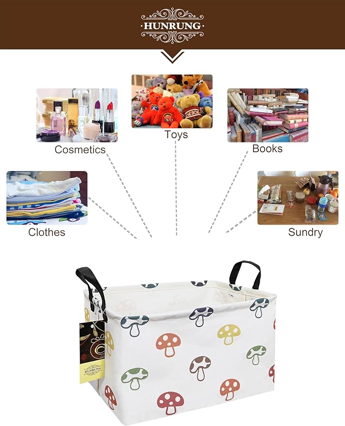 HUNRUNG Rectangle Storage Basket Cute Canvas Organizer Bin for Pet/Children Toys, Books, Clothes Perfect for Rooms/Playroom(REC-Color Mushroom)