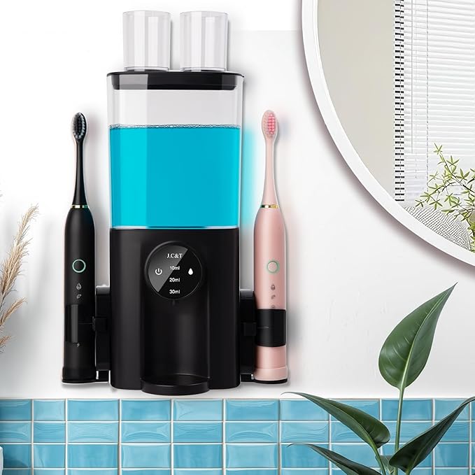 J.C&T Mouthwash Dispenser for Bathroom, 650ML(22 Fl Oz) Smart Mouthwash Dispensers Toothbrush Holders Wall Mounted,Wall Mounted/Countertop Automatic Mouthwash Dispenser for All Age Groups,Black