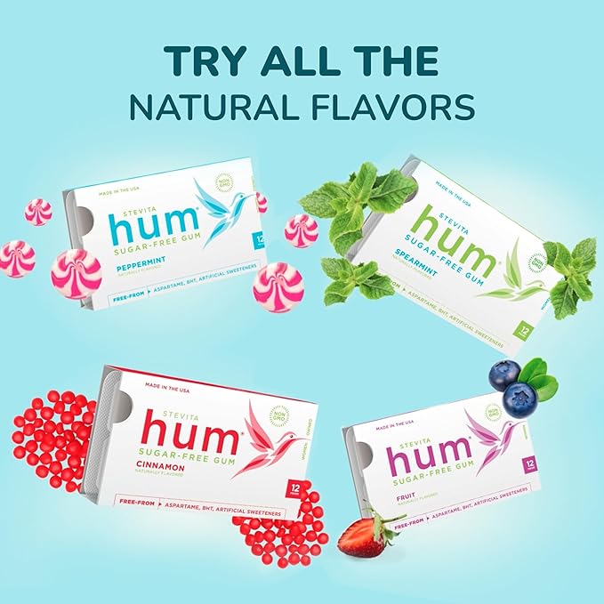 Stevita Hum, Bubblegum - Sugar-Free Gum - 12 Pieces, Pack of 12 - Supports Oral Health - Non-GMO, Vegetarian, Keto, Gluten Free - 72 Total Servings