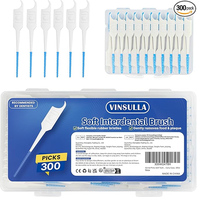 Dental Floss Picks for Teeth Cleaning, Easy to Use Disposable Interdental Brushes with Convenient Carry Case (Blue, 300 Count)