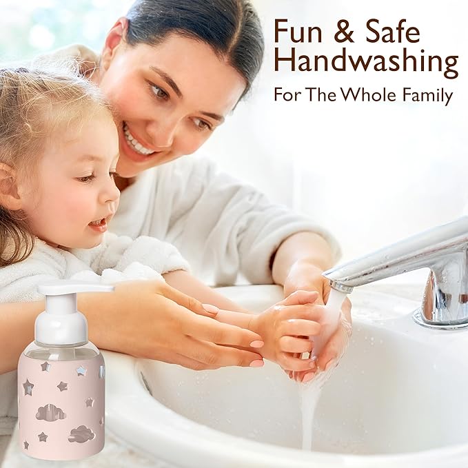 SoCal Suds & Company Glass Foaming Hand Soap Dispenser, Soft Grip Silicone Sleeve, Refillable Pump Bottle for Kids, Baby Wash & Shampoo, Ideal for Home Use, Light Pink 8oz