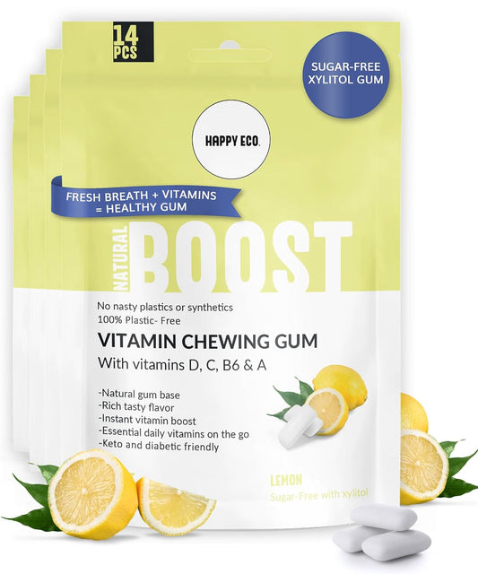 Xylitol Gum Vitamin | Healthy, Sugar Free, Plastic Free, Natural Chewing Gum, Multivitamin A,B6,C & D | Aspartame Free, Boost, Vegan, Gluten Free, Keto | Lemon, 4 pack (56pcs)
