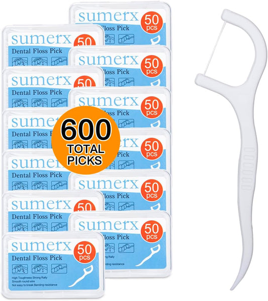 600 Count Dental Floss Picks – Toothpicks for Deep Cleaning, Comfortable Handle to Care Teeth Clean Flat Wire – 50 Pack with Picks Per Portable Case for Family