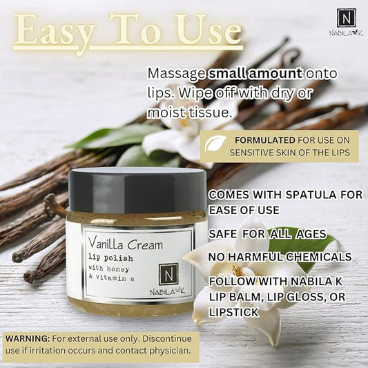 Vanilla Cream Lip Polish, 1 oz by Nabila K - Hydrating Lip Exfoliator & Moisturizer with Honey and Vitamin E for Dry and Chapped Lips - Cruelty-Free, Real Sugar, Made in USA