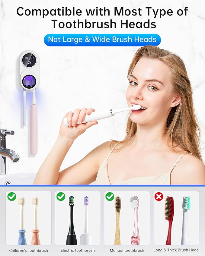 Toothbrush Holder & Toothbrush Cleaner, UV Toothbrush Sanitizer and Holder 2 Slots, Cleaning and Fan & Heat Drying, LED Smart Screen, Wall Mounted Tooth Brush Holder for Bathrooms (White)
