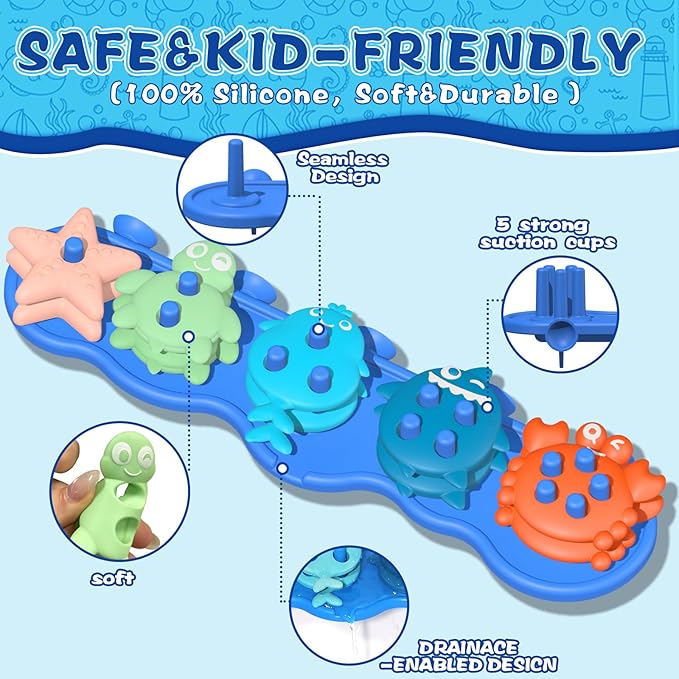 Toddler Bath Toys, Premium Silicone Mold Free Ocean Animal Shape Sorting & Stacking Baby Bath Toys, No Hole Bathtub Floating Toys Gift for Boys Girls, Early Learning Sensory Water Toys, Bathtime Fun