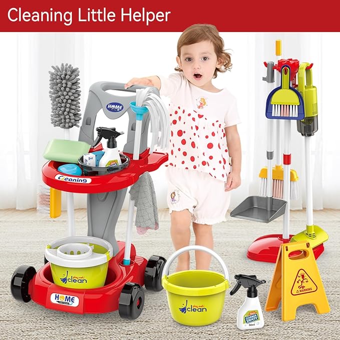 Toddler Cleaning Set，Kids Cleaning Toy Set，New 29-Piece Detachable Kids Cleaning Set for Toddlers - Pretend Play Educational Cleaning Carts (red)