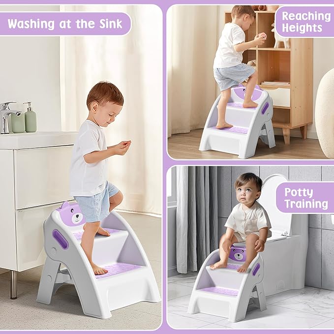 TPN Toddler Step Stool for Bathroom Sink and Potty Training Durable Anti-Slip,Anti-Tip A-Frame,10-Second Assembly, 2-Step Potty Stool with Wide Steps (Purple)