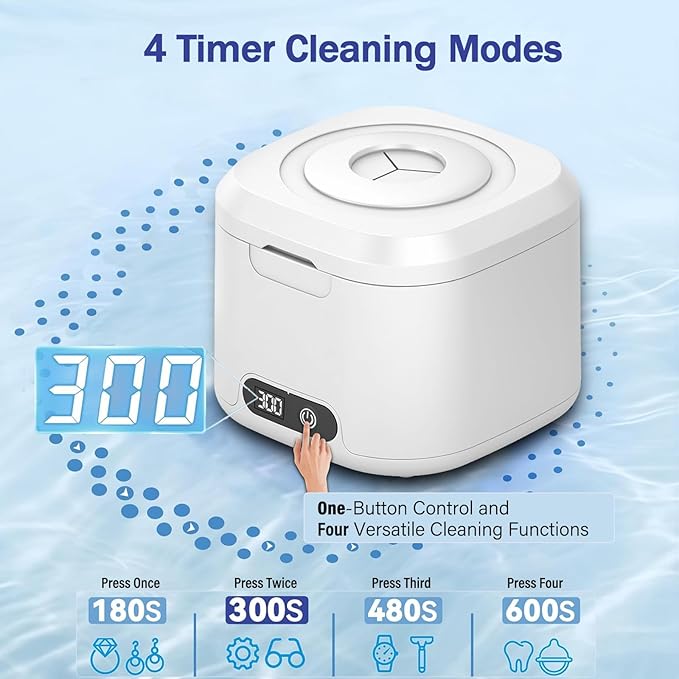 Ultrasonic Retainer Cleaner with UV, 300ML, 49kHz, Dental Cleaning Pod for Dentures, Aligners, Night Guards, Braces, Toothbrush Heads, Jewelry, Mouth Guard, 4 Modes with Digital Timer