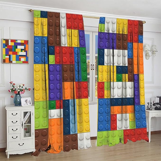 Kids Boy Curtain Blocks Toy Abstract Outline Colorful Geometric Brick Print Curtain for Boys Girls Nursery Room Curtains 52x84 Inch 2 Panels(Decor Curtains