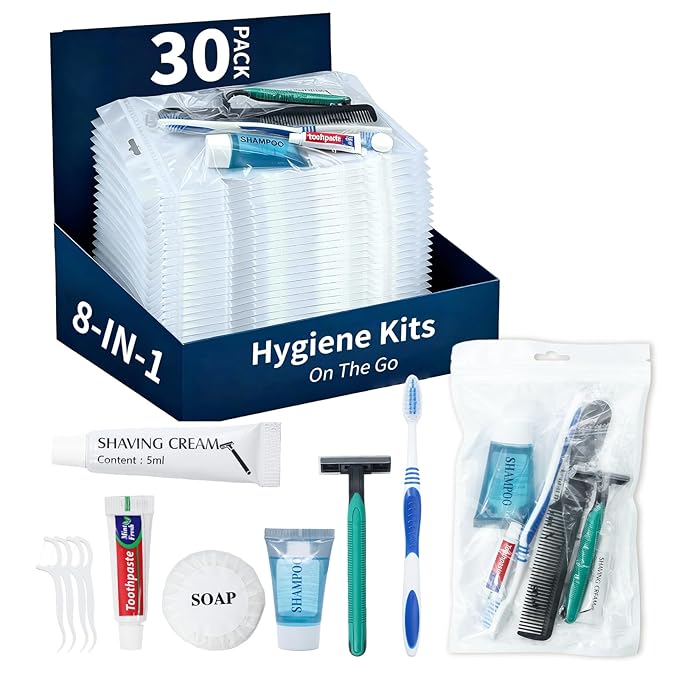 30 Pack Hygiene Kits for Homeless in Bulk, 8-in-1 Personal Toiletry Kit Individually Packed with Toothbrush, Toothpaste, Comb, Flossers,Shampoo, Soap, Razor & Shaving Cream