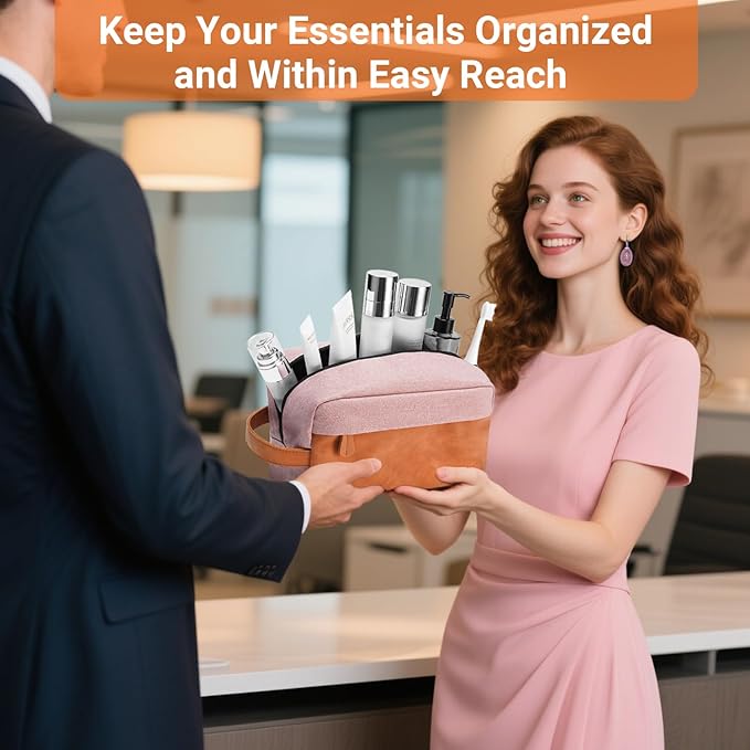 Elviros Travel Toiletry Bag for Men, Hanging Toiletries Bag Water Repellent Dopp Kit PU Leather Travel Bag for Toiletries Accessories, Pink